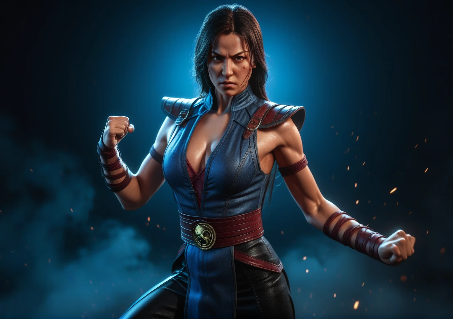 a woman in a fighting stance,milena from mortal kombat,full body shot,extremely detailed face and anatomy,4k, high quality, ultra-detailed,photorealistic,dramatic lighting,cinematic composition,dynamic pose,vivid colors,fantasy character,video game art
