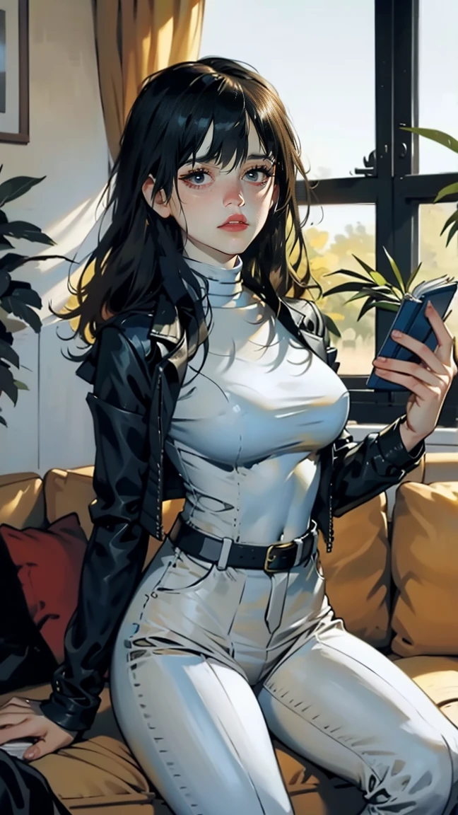 (masterpiece, best quality:1.2), classicrogue, 1girl, solo, long hair, breasts, smile, large breasts, brown hair, green eyes, jacket, big hair, white hair, multicolored hair, parted lips, open clothes, belt, two-tone hair, open jacket, lips, bodysuit, covered navel, makeup, muscular, headband, abs, skin tight, multicolored clothes, muscular female, dyed bangs, multicolored bodysuit, green bodysuit, yellow bodysuit, butterfly, bug, window, sitting, indoors, plant, book, laptop, computer, couch, looking at viewer, closed mouth, blurry, blue butterfly, potted plant, building, expressionless, depth of field, book stack, day