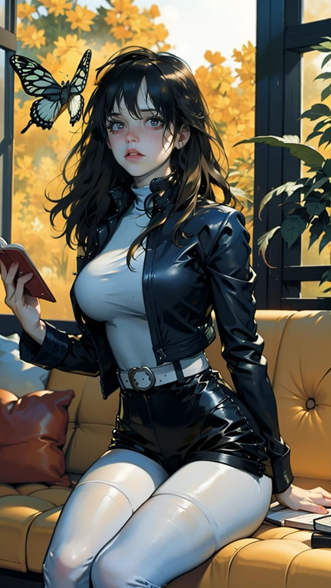 (masterpiece, best quality:1.2), classicrogue, 1girl, solo, long hair, breasts, smile, large breasts, brown hair, green eyes, jacket, big hair, white hair, multicolored hair, parted lips, open clothes, belt, two-tone hair, open jacket, lips, bodysuit, covered navel, makeup, muscular, headband, abs, skin tight, multicolored clothes, muscular female, dyed bangs, multicolored bodysuit, green bodysuit, yellow bodysuit, butterfly, bug, window, sitting, indoors, plant, book, laptop, computer, couch, looking at viewer, closed mouth, blurry, blue butterfly, potted plant, building, expressionless, depth of field, book stack, day