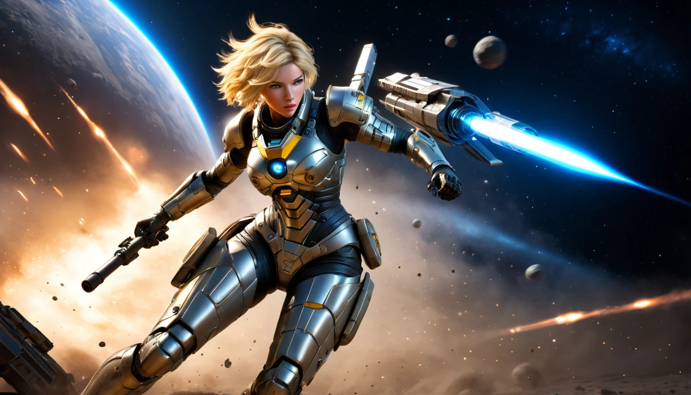 a female mech warrior in battle on a moon in space, full body shot, action shot, a tough and beautiful female mech warrior, short blond hair, dynamic eye color, intent gaze, ultra detailed face, best detailed face, she wears mech armor, and massive sci-fi gun, in battle, outer space background, stars, vibrant, Ultra-high resolution, High Contrast, (masterpiece:1.5), highest quality, Best aesthetics), best details, best quality, highres, (ultra wide angle: 1.2), 16k, ultra detailed, masterpiece, best quality, (extremely detailed),aetherpunkai, Mechanical Creatures, lasgun