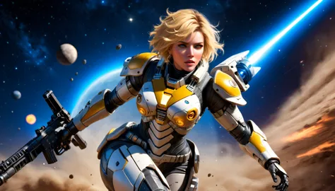 a female mech warrior in battle on a moon in space, full body shot, action shot, a tough and beautiful female mech warrior, shor...