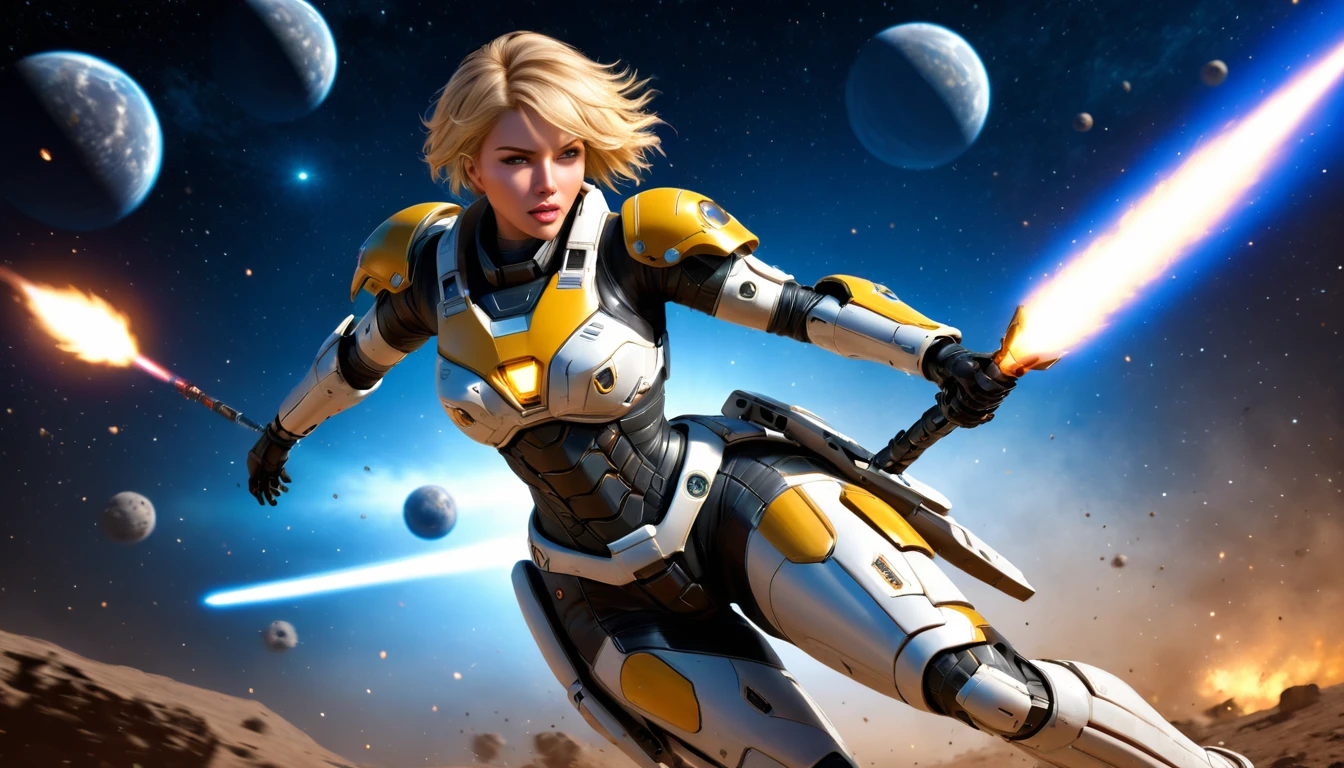 a female mech warrior 전투 중 on a moon in space, 전신샷, 액션 샷, 강인하고 아름다운 여성 기계 전사, 짧은 금발 머리, 역동적인 눈 색깔, 의도적인 시선, 매우 상세한 face, 가장 상세한 얼굴, 그녀는 기계 갑옷을 입는다, 그리고 거대한 공상 과학 총, 전투 중, 우주 배경, 별, 떠는, 초고해상도, 고대비, (걸작:1.5), 최상의 품질, 최고의 미학), 최고의 세부 사항, 최고의 품질, 고등어, (초광각: 1.2), 16,000, 매우 상세한, 걸작, 최고의 품질, (매우 상세한),에테르펀카이, 기계 생물, 돌격 소총