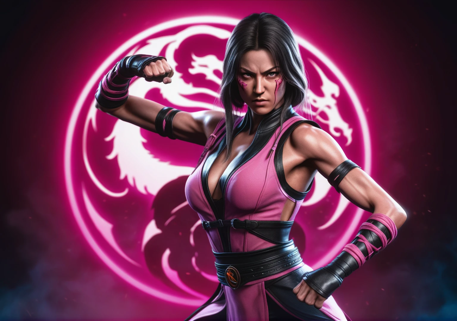 a woman in a fighting stance,milena from mortal kombat,full body shot,extremely detailed face and anatomy,4k, high quality, ultra-detailed,photorealistic,dramatic lighting,cinematic composition,dynamic pose,vivid colors,fantasy character,video game art, roupa cor pink
