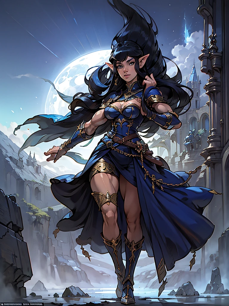 stunningly sensual elfess, large well-trained muscles, very impressive hypermuscular physique, magical and mysterious, bulging feminine proportions, perfect and flawless muscular sensual body, vascular massive biceps, deep black hair, pale chaik white skin, female elf wizard in fantasy setting