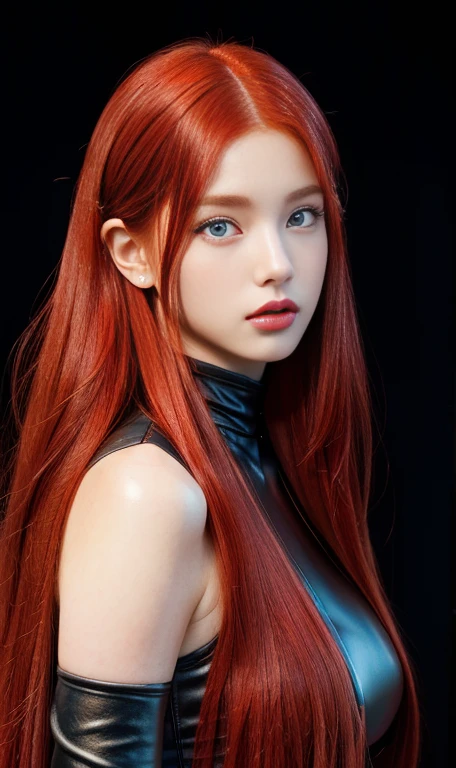 a close up of a woman With red hair wearing a leather outfit blue eyes, with long red hair, waist-length red hair, young beautiful amaranth, erza scarlet as a real person, amaranth, With red hair, she has long orange hair, redhead goddess, Jennie , Wonyoung , hwasa, beautiful