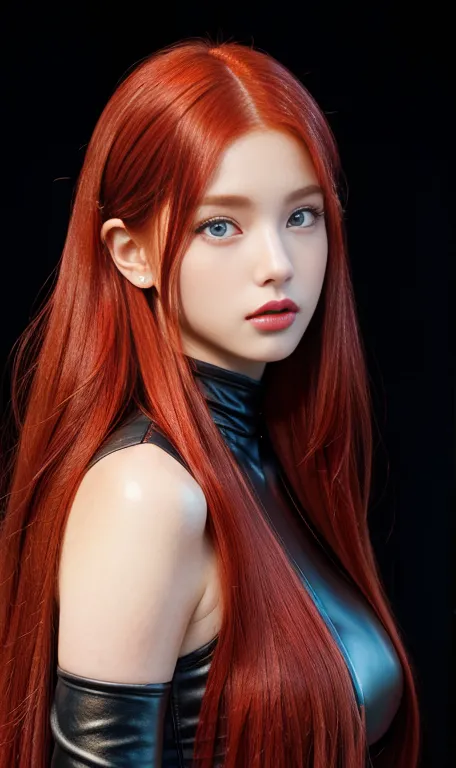 a close up of a woman with red hair wearing a leather outfit blue eyes, with long red hair, waist-length red hair, young beautif...