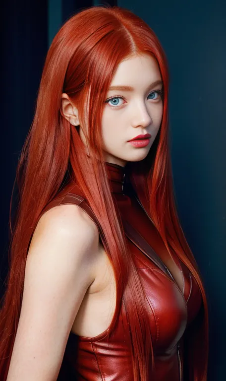 a close up of a woman with red hair wearing a leather outfit blue eyes, with long red hair, waist-length red hair, young beautif...