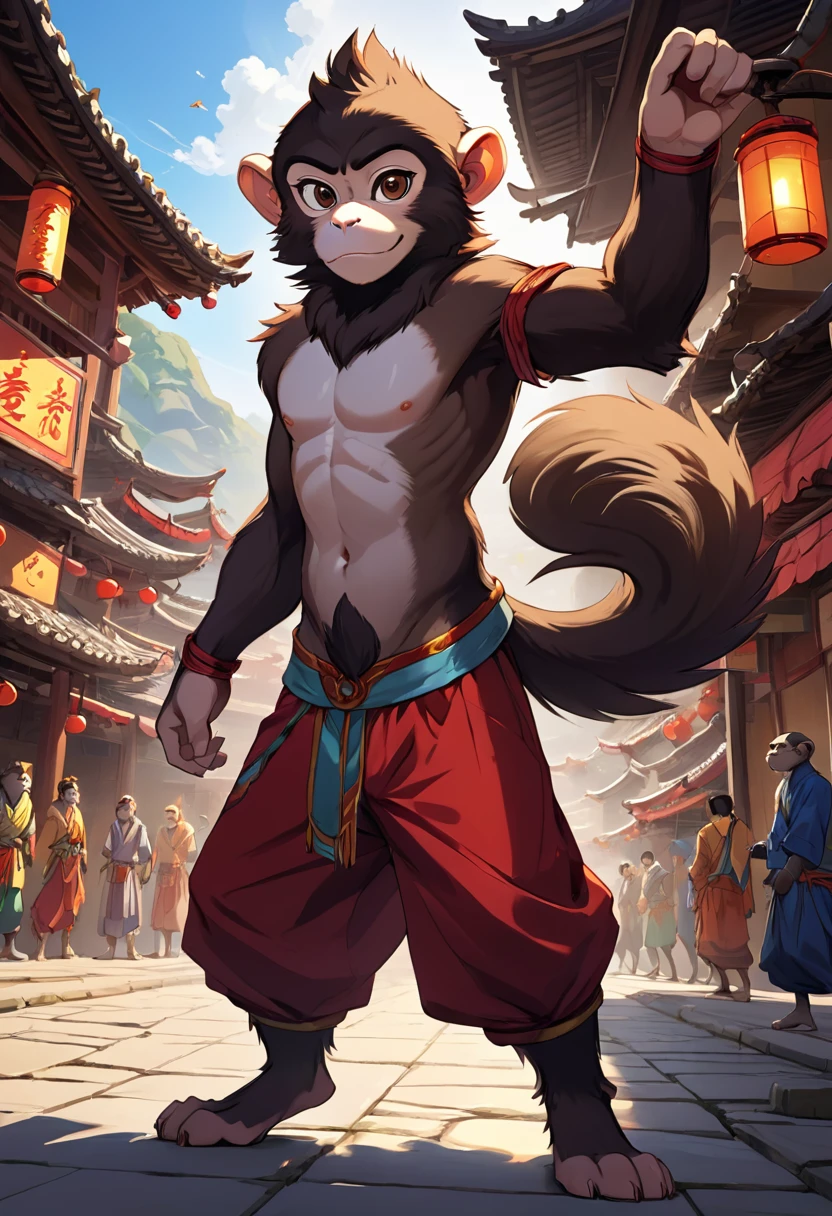 dynamic angle, top quality, best quality, High-quality illustrations, masterpiece, super high resolution, detailed background, detailed background, Monkey A Journey to the West, action, boy, girl, absurdres, perfect anatomy, expression, good lighting, cinematic shadow(kemono, furry anthro),