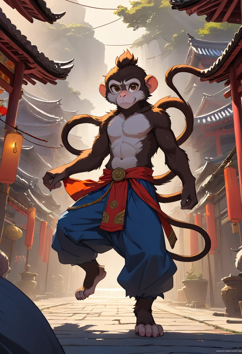 dynamic angle, top quality, best quality, High-quality illustrations, masterpiece, super high resolution, detailed background, detailed background, Monkey A Journey to the West, action, boy, girl, absurdres, perfect anatomy, expression, good lighting, cinematic shadow(kemono, furry anthro),