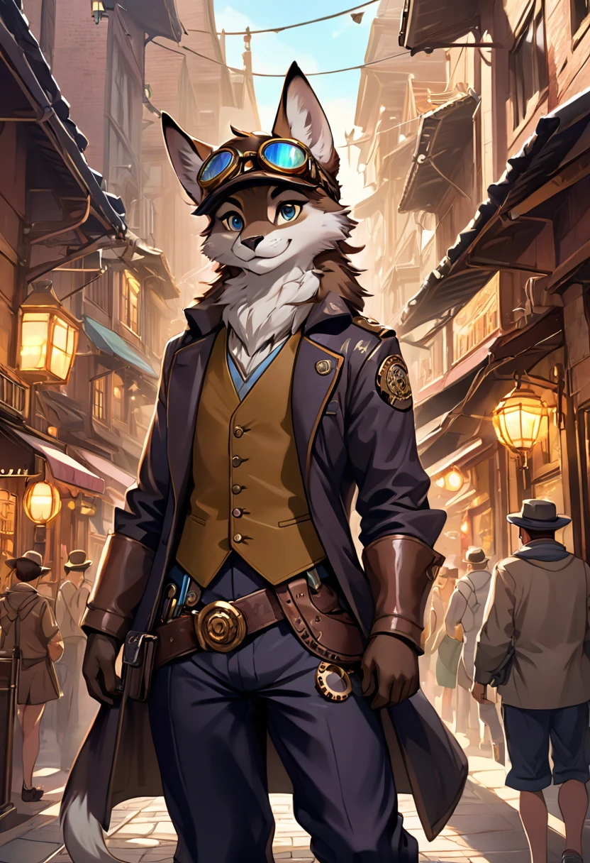 cover_page, highres, top quality, best quality, paid reward available, High-quality illustrations, unparalleled masterpiece, perfect artwork, absurdres, figma, super high resolution, detailed background, Steam punk, Beautiful World Heritage, boys, Happy, joyful(Photos of solo travelers)(kemono, furry anthro)cinematic lighting, dynamic angle,