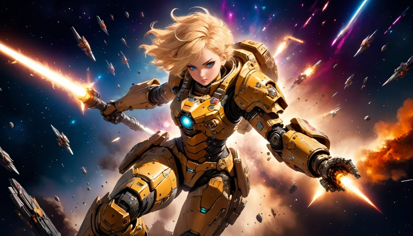 a female mech warrior in battle on a moon in space, full body shot, action shot, a tough and beautiful female mech warrior, short blond hair, dynamic eye color, intent gaze, ultra detailed face, best detailed face, she wears mech armor, and massive sci-fi gun, in battle, outer space background, stars, vibrant, Ultra-high resolution, High Contrast, (masterpiece:1.5), highest quality, Best aesthetics), best details, best quality, highres, (ultra wide angle: 1.2), 16k, ultra detailed, masterpiece, best quality, (extremely detailed),aetherpunkai, Mechanical Creatures, lasgun