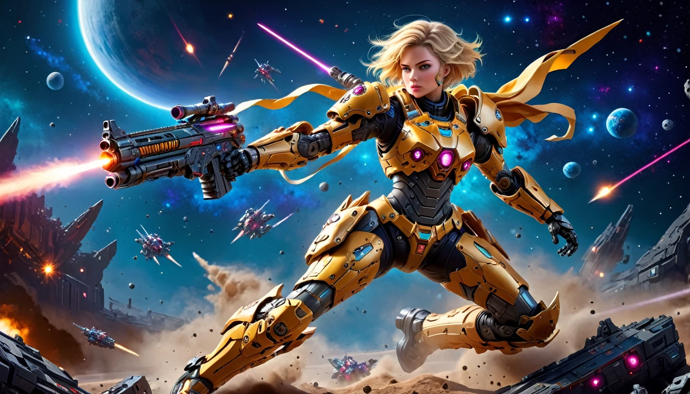 a female mech warrior in battle on a moon in space, full body shot, action shot, a tough and beautiful female mech warrior, short blond hair, dynamic eye color, intent gaze, ultra detailed face, best detailed face, she wears mech armor, and massive sci-fi gun, in battle, outer space background, stars, vibrant, Ultra-high resolution, High Contrast, (masterpiece:1.5), highest quality, Best aesthetics), best details, best quality, highres, (ultra wide angle: 1.2), 16k, ultra detailed, masterpiece, best quality, (extremely detailed),aetherpunkai, Mechanical Creatures, lasgun