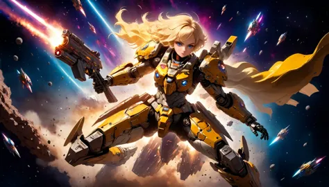 a female mech warrior in battle on a moon in space, full body shot, action shot, a tough and beautiful female mech warrior, shor...