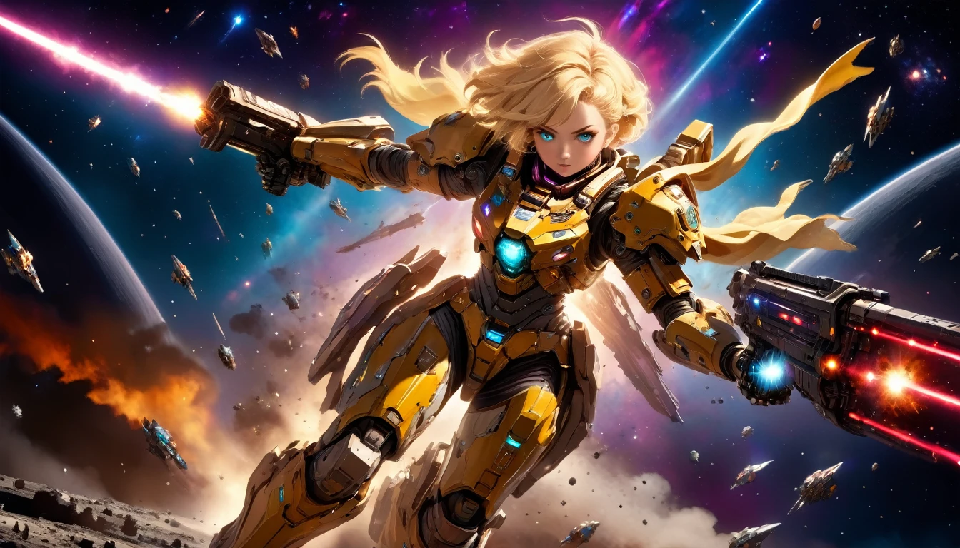 a female mech warrior im Kampf on a moon in space, Ganzkörperaufnahme, Action-Aufnahme, eine knallharte und schöne Mech-Kriegerin, kurze blonde Haare, dynamische Augenfarbe, aufmerksamer Blick, Extrem detailliert face, bestes detailliertes Gesicht, Sie trägt eine Mech-Rüstung, und massive Sci-Fi-Waffe, im Kampf, Weltraumhintergrund, Sterne, beschwingt, ultrahohe Auflösung, Hoher Kontrast, (Meisterwerk:1.5), höchste Qualität, Beste Ästhetik), beste Details, beste Qualität, highres, (Ultraweitwinkel: 1.2), 16k, Extrem detailliert, Meisterwerk, beste Qualität, (Extrem detailliert),aetherpunkai, Mechanische Kreaturen, Sturmgewehr