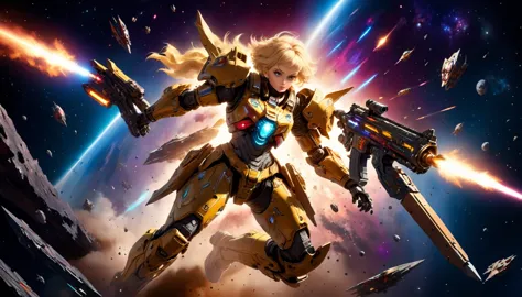 a female mech warrior in battle on a moon in space, full body shot, action shot, a tough and beautiful female mech warrior, shor...