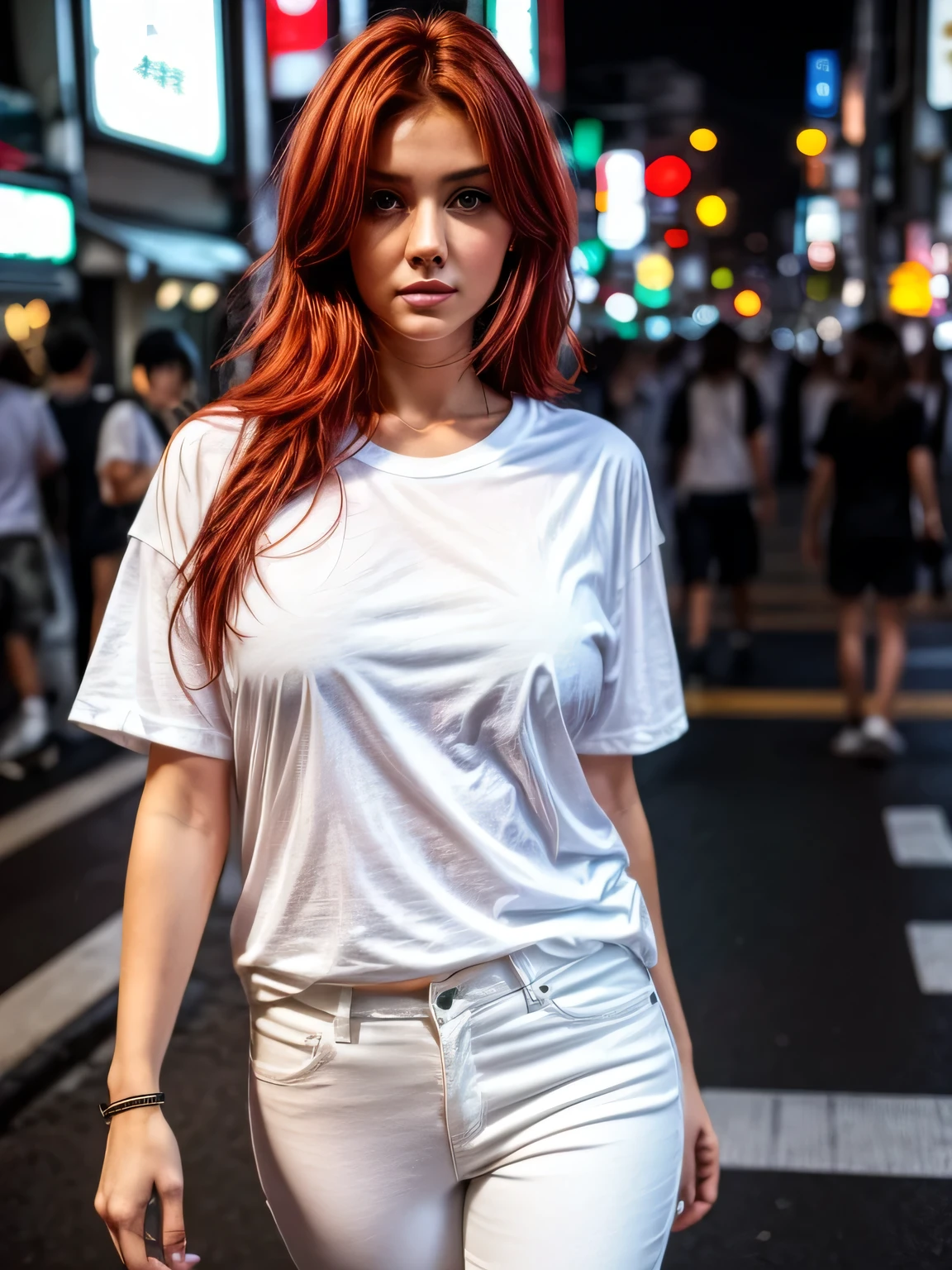 白人の男性のゆったりとした半袖のオーバーサイズの T シャツを着た女性, 白いパンツ, 優れた顔の描写, 緑の目, 赤毛, 中くらいの胸, 左右対称のボディ, 完璧なボディ, 東京の夜の街に立ち寄る
