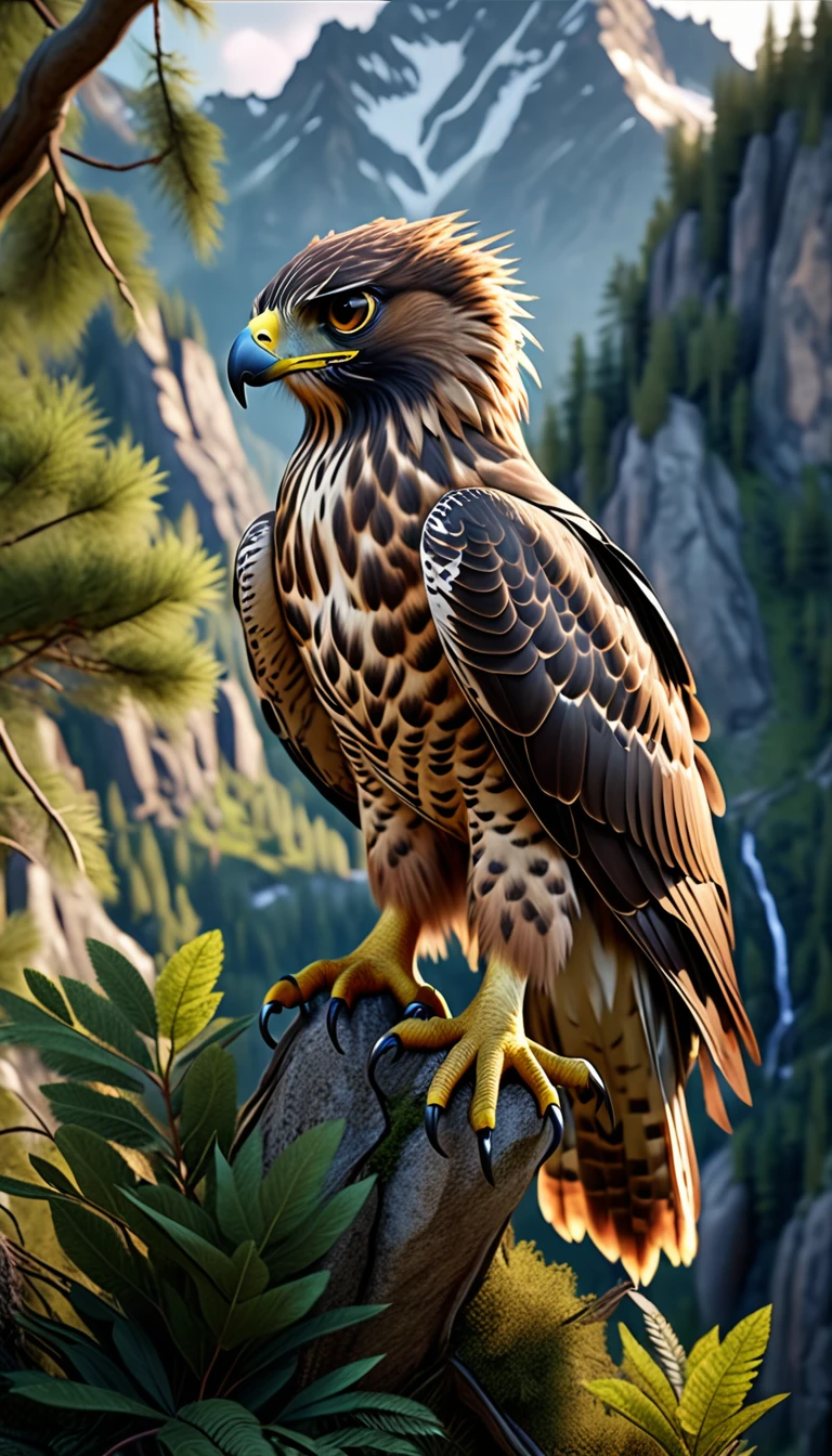 Mountains and forests，There is a kind of beast，It looks like a hawk but has human hands.(best quality，4K，8K，High level，masterpiece：1.2），Ultra Detailed，（lifelike，Photo real，Photo real：1.37），Highly detailed animals，Realistic lighting，Fantasy Creatures