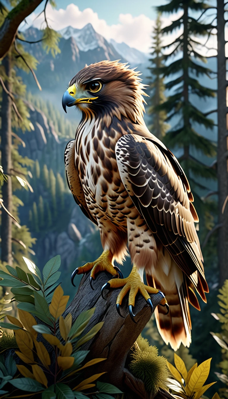 Mountains and forests，There is a kind of beast，It looks like a hawk but has human hands.(best quality，4K，8K，High level，masterpiece：1.2），Ultra Detailed，（lifelike，Photo real，Photo real：1.37），Highly detailed animals，Realistic lighting，Fantasy Creatures
