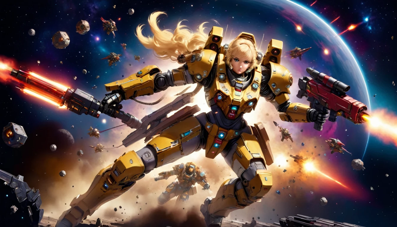 a female mech warrior in battle on a moon in space, full body shot, action shot, a tough and beautiful female mech warrior, short blond hair, dynamic eye color, intent gaze, ultra detailed face, best detailed face, she wears mech armor, and massive sci-fi gun, in battle, outer space background, stars, vibrant, Ultra-high resolution, High Contrast, (masterpiece:1.5), highest quality, Best aesthetics), best details, best quality, highres, (ultra wide angle: 1.2), 16k, ultra detailed, masterpiece, best quality, (extremely detailed),aetherpunkai, Mechanical Creatures, lasgun