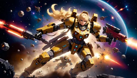 a female mech warrior in battle on a moon in space, full body shot, action shot, a tough and beautiful female mech warrior, shor...