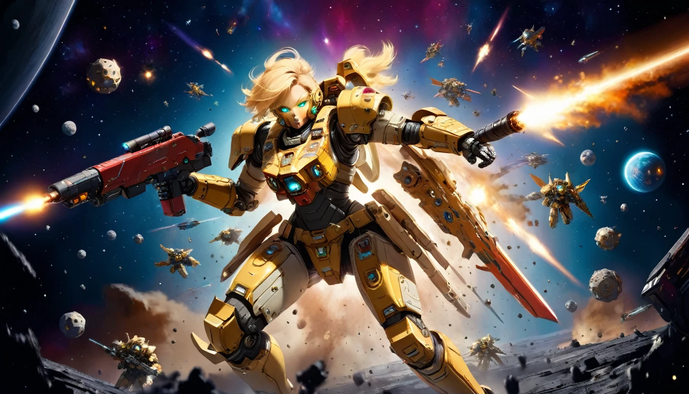 a female mech warrior im Kampf on a moon in space, Ganzkörperaufnahme, Action-Aufnahme, eine knallharte und schöne Mech-Kriegerin, kurze blonde Haare, dynamische Augenfarbe, aufmerksamer Blick, Extrem detailliert face, bestes detailliertes Gesicht, Sie trägt eine Mech-Rüstung, und massive Sci-Fi-Waffe, im Kampf, Weltraumhintergrund, Sterne, beschwingt, ultrahohe Auflösung, Hoher Kontrast, (Meisterwerk:1.5), höchste Qualität, Beste Ästhetik), beste Details, beste Qualität, highres, (Ultraweitwinkel: 1.2), 16k, Extrem detailliert, Meisterwerk, beste Qualität, (Extrem detailliert),aetherpunkai, Mechanische Kreaturen, Laserpistole