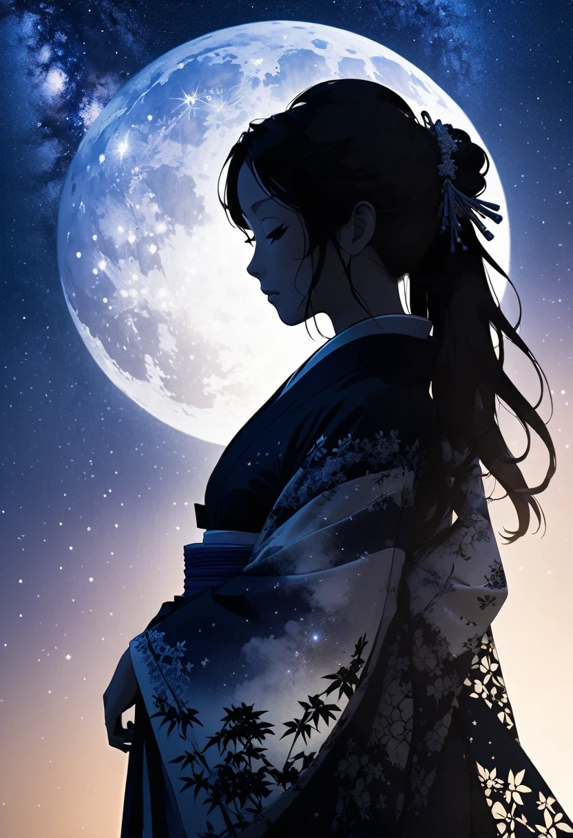 (((silhouette art))), Orihime's sadness at being separated by the Milky Way is conveyed, as she stretches out her right arm and regrets parting, close-up, profile, Close-up, arms outstretched as they bid farewell,The clothing is a kimono,Double exposure, bamboo decoration, a traditional Japanese folk costume with lace on the sleeves, moon, arigatou, from below, dynamic angle, looking away,