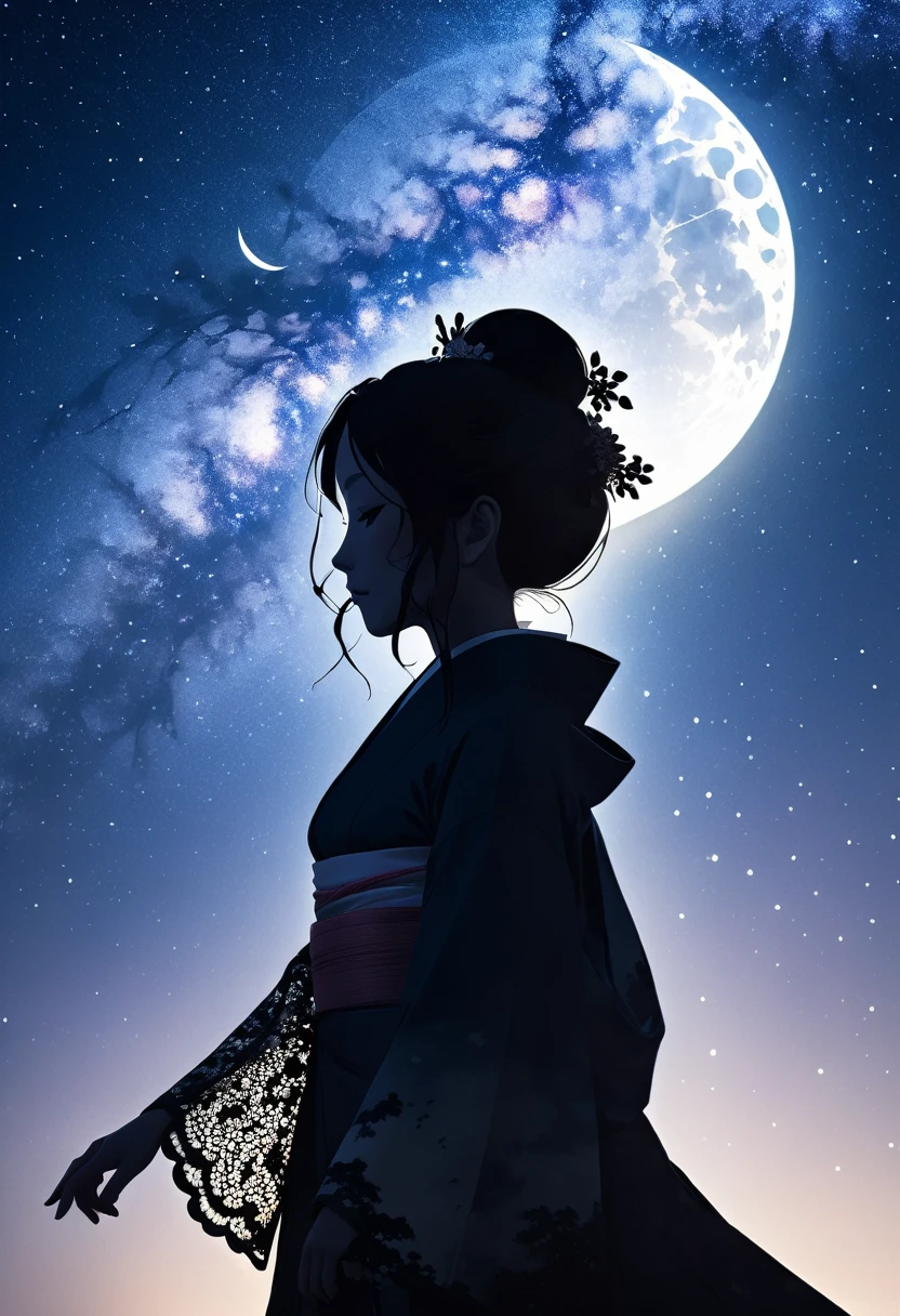 (((silhouette art))), Orihime's sadness at being separated by the Milky Way is conveyed, as she stretches out her right arm and regrets parting, close-up, profile, Close-up, arms outstretched as they bid farewell,The clothing is a kimono,Double exposure, bamboo decoration, a traditional Japanese folk costume with lace on the sleeves, moon, arigatou, from below, dynamic angle, looking away,