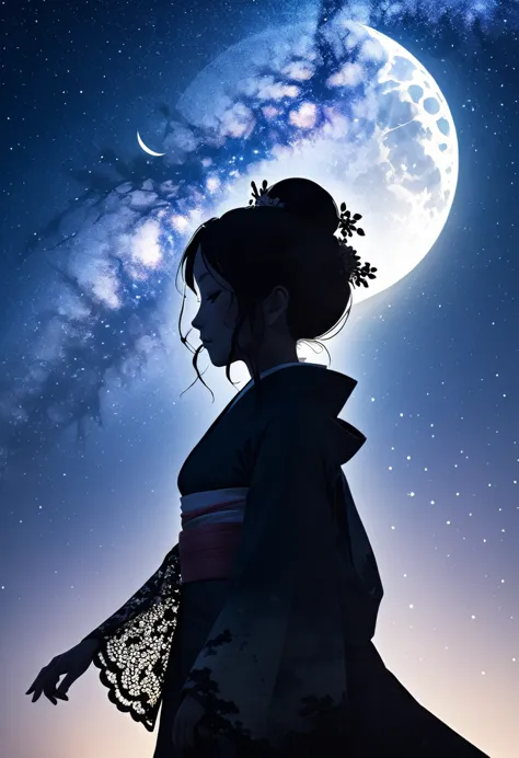 (((silhouette art))), Orihime's sadness at being separated by the Milky Way is conveyed, as she stretches out her right arm and ...