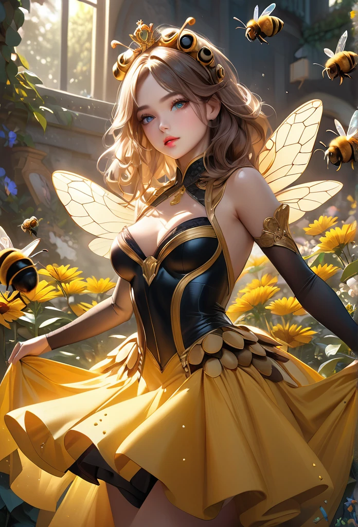 schönes junges Mädchen, Bienenkönigin Cosplay, garden, umgeben von Arbeiterbienen, (höchste Qualität,16k,highres,Meisterwerk:1.2),ultra-detailliert,(ultra-realistisch,fotorealistisch:1.37),extrem detaillierte Augen und Gesicht, lange Wimpern, elegantes, aufwendiges Kleid, schöne detaillierte Lippen, Schöne, detaillierte Augen, anmutige Posen, leuchtende Farben, dramatische Beleuchtung, Filmkomposition, Fantasy-Kunst, digitale Zeichnung