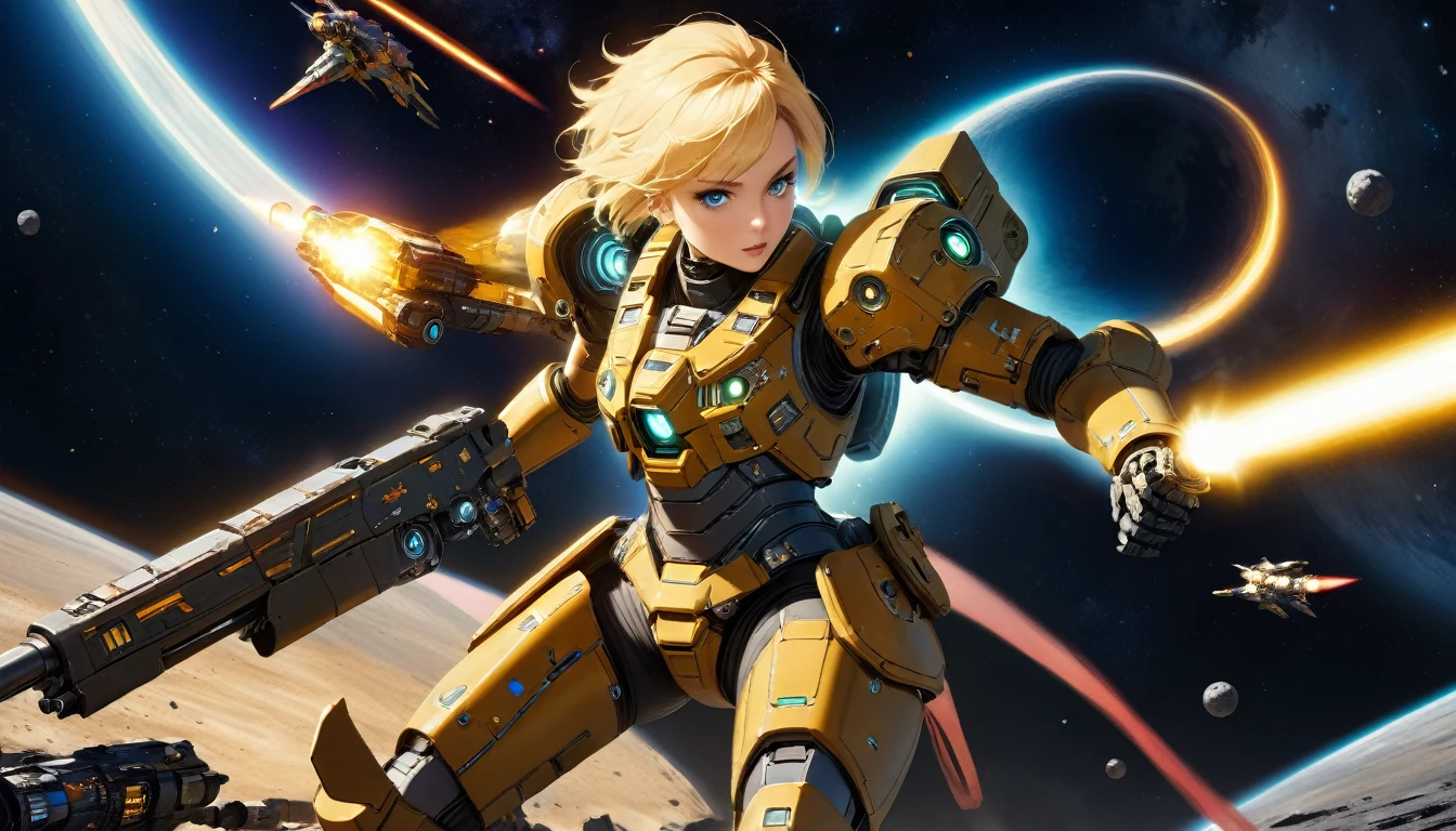 a female mech warrior in battle on a moon in space, full body shot, action shot, a tough and beautiful female mech warrior, short blond hair, dynamic eye color, intent gaze, ultra detailed face, best detailed face, she wears mech armor, and massive sci-fi gun, in battle, outer space background, stars, vibrant, Ultra-high resolution, High Contrast, (masterpiece:1.5), highest quality, Best aesthetics), best details, best quality, highres, (ultra wide angle: 1.2), 16k, ultra detailed, masterpiece, best quality, (extremely detailed),aetherpunkai, Mechanical Creatures, lasgun