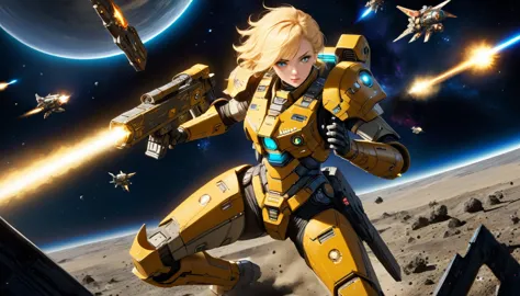 a female mech warrior in battle on a moon in space, full body shot, action shot, a tough and beautiful female mech warrior, shor...