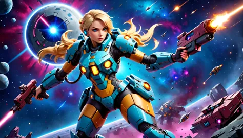 a female mech warrior in battle on a moon in space, full body shot, action shot, a tough and beautiful female mech warrior, shor...