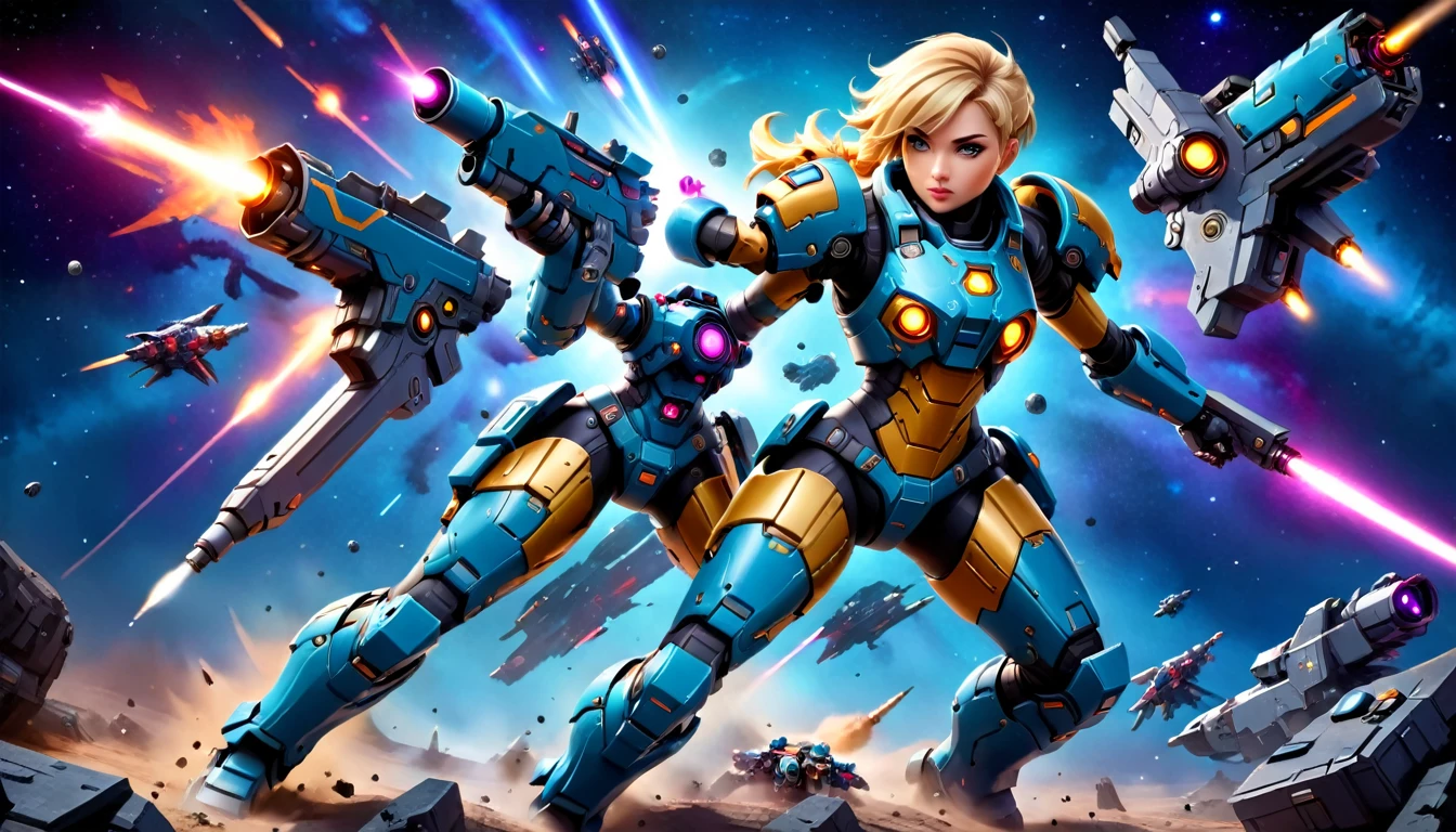 a female mech warrior im Kampf on a moon in space, Ganzkörperaufnahme, Action-Aufnahme, eine knallharte und schöne Mech-Kriegerin, kurze blonde Haare, dynamische Augenfarbe, aufmerksamer Blick, Extrem detailliert face, bestes detailliertes Gesicht, Sie trägt eine Mech-Rüstung, und massive Sci-Fi-Waffe, im Kampf, Weltraumhintergrund, Sterne, beschwingt, ultrahohe Auflösung, Hoher Kontrast, (Meisterwerk:1.5), höchste Qualität, Beste Ästhetik), beste Details, beste Qualität, highres, (Ultraweitwinkel: 1.2), 16k, Extrem detailliert, Meisterwerk, beste Qualität, (Extrem detailliert),aetherpunkai, Mechanische Kreaturen, Laserpistole