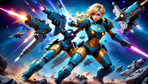 a female mech warrior in battle on a moon in space, full body shot, action shot, a tough and beautiful female mech warrior, shor...