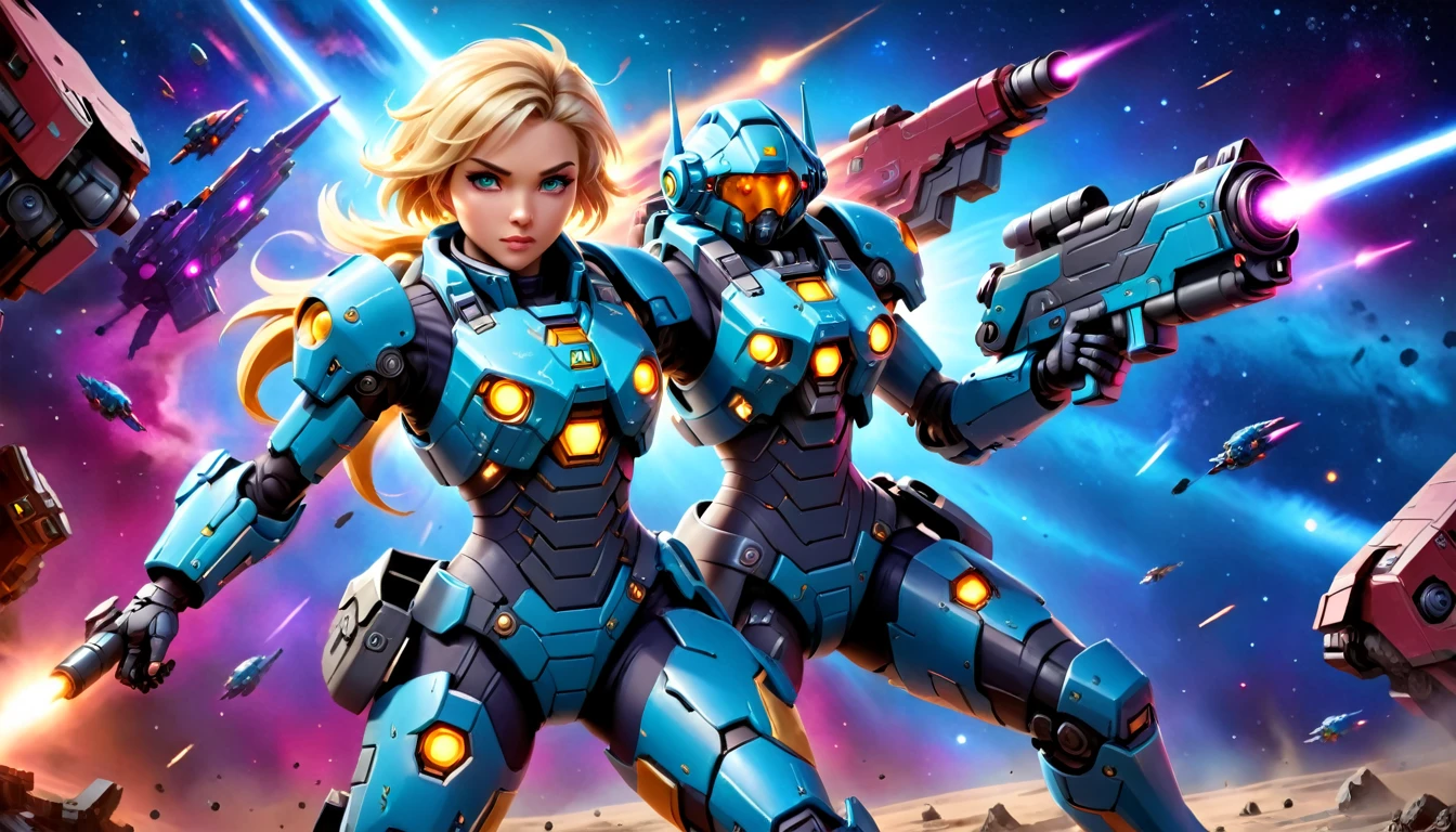 a female mech warrior in battle on a moon in space, full body shot, action shot, a tough and beautiful female mech warrior, short blond hair, dynamic eye color, intent gaze, ultra detailed face, best detailed face, she wears mech armor, and massive sci-fi gun, in battle, outer space background, stars, vibrant, Ultra-high resolution, High Contrast, (masterpiece:1.5), highest quality, Best aesthetics), best details, best quality, highres, (ultra wide angle: 1.2), 16k, ultra detailed, masterpiece, best quality, (extremely detailed),aetherpunkai, Mechanical Creatures, lasgun