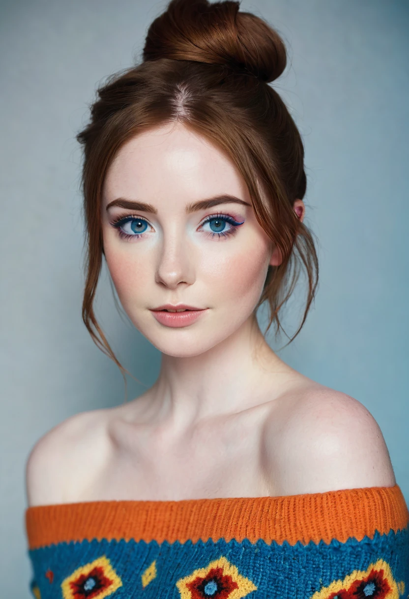 An eye contact of a brunette with hair in a bun, blue colored eyes - SeaArt  AI