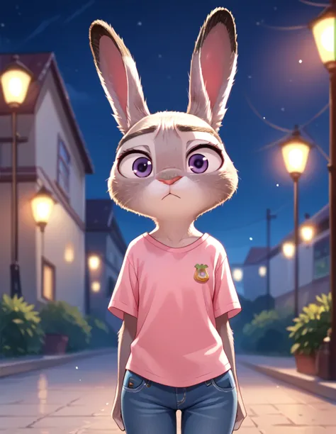 score_9, score_8_up, score_7_up, score_6_up, source_furry, judyhopps confused, dark, night, backlighting, solo, pink shirt, jean...