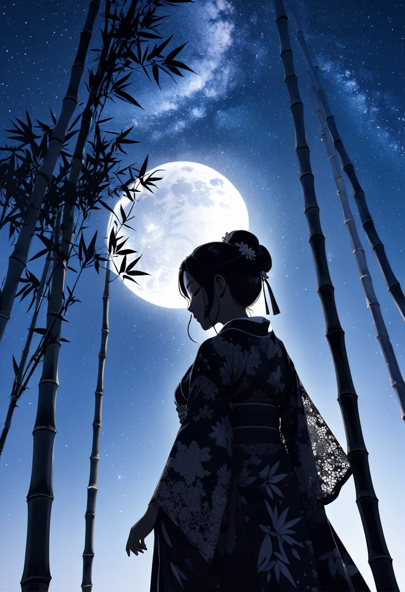 (((arte de la silueta))), Se transmite la tristeza de Orihime al verse separada por la Vía Láctea, mientras extiende su brazo derecho y se arrepiente de partir, de cerca, perfil, de cerca, brazos extendidos mientras se despiden,La ropa es un kimono., ((Exposición doble, decoración de bambú)), un traje tradicional japonés con encaje en las mangas, luna, arigatou, desde abajo, ángulo dinámico, mirando hacia otro lado, decoración de bambú