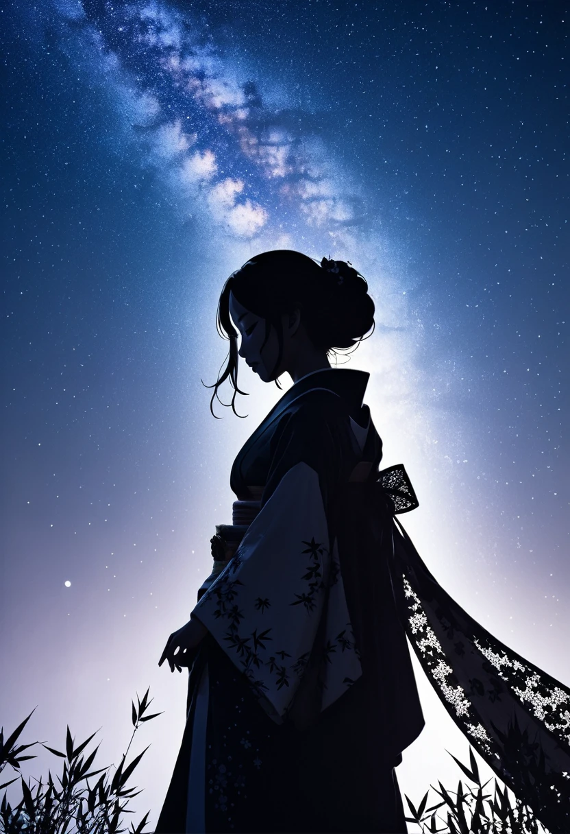 (((silhouette art))), Orihime's sadness at being separated by the Milky Way is conveyed, as she stretches out her right arm and regrets parting, close-up, profile, Close-up, arms outstretched as they bid farewell,The clothing is a kimono, ((Double exposure, bamboo decoration)), a traditional Japanese folk costume with lace on the sleeves, moon, arigatou, from below, dynamic angle, looking away, bamboo decoration