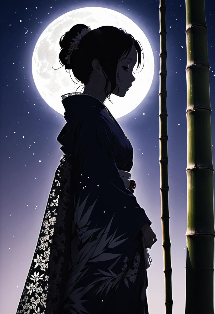 (((искусство силуэта))), Передана печаль Орихиме из-за того, что ее разделил Млечный Путь., когда она протягивает правую руку и сожалеет о расставании, крупный план, профиль, крупный план, руки протянуты, когда они прощаются,Одежда - кимоно., ((двойная экспозиция, бамбуковое украшение)), традиционный японский народный костюм с кружевом на рукавах., Луна, аригату, снизу, динамический угол, глядя, бамбуковое украшение