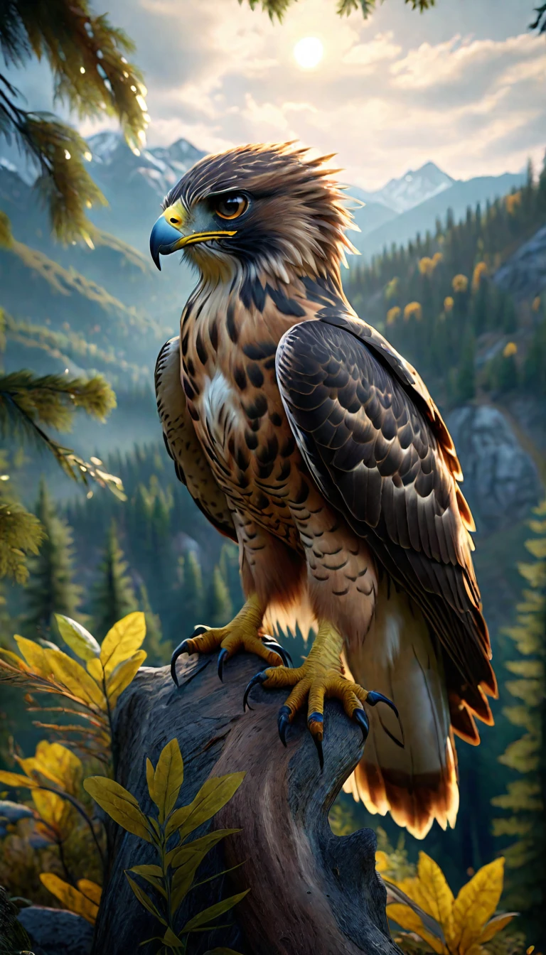 Mountains and forests，There is a kind of beast，It looks like a hawk but has human hands.(best quality，4K，8K，masterpiece：1.2），Ultra Detailed，（lifelike，Photo real，Photo real：1.37），Highly detailed animals，Realistic lighting，Fantasy Creatures