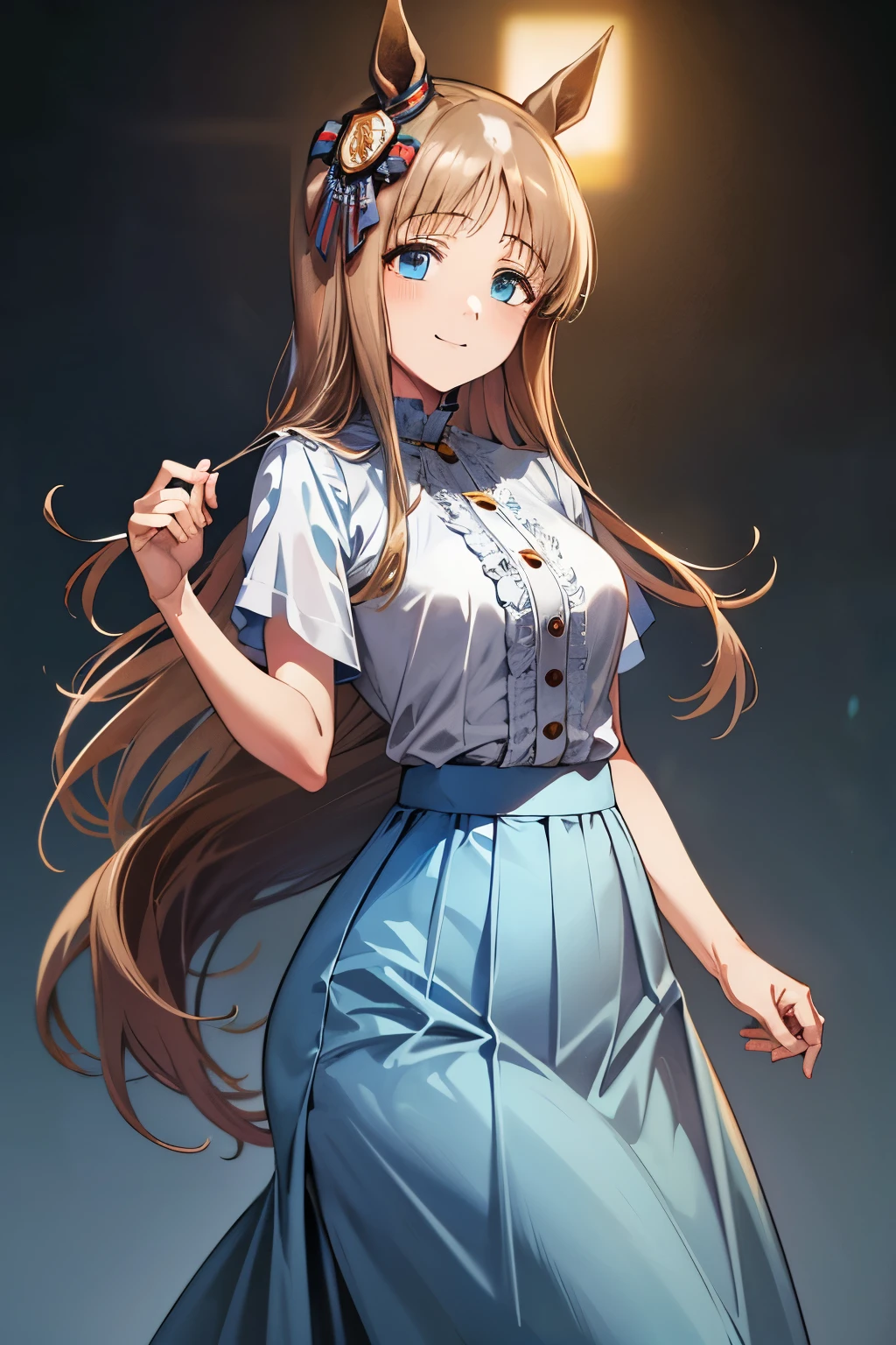 maravilha da grama \(umamusume\), 1 garota, Sozinho, melhor qualidade, mesa, 8K, Alta resolução, Ultra-detalhado, sorriso luminoso, (((Blusa branca, Saia azul pastel, Saia longa,)))