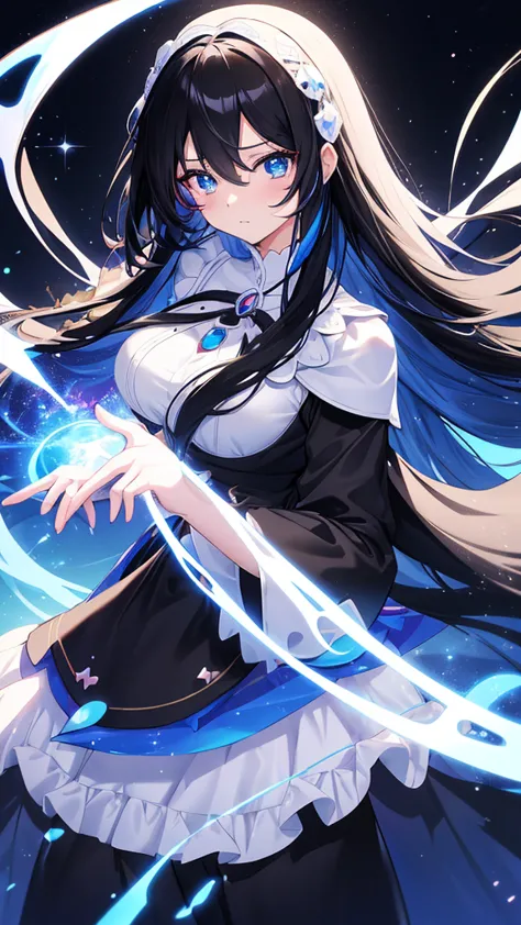 best quality, extremely detailed, anime style adult 1girl, long hair down to the waist, straight hair, ((dark black hair with bl...