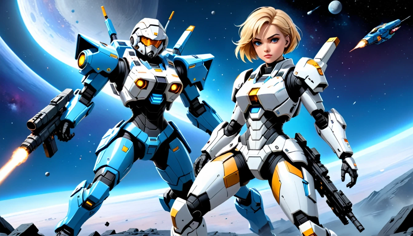 a female mech warrior in battle on a moon in space, full body shot, action shot, a tough and beautiful female mech warrior, short blond hair, dynamic eye color, intent gaze, ultra detailed face, best detailed face, she wears mech armor, and massive sci-fi gun, in battle, outer space background, stars, vibrant, Ultra-high resolution, High Contrast, (masterpiece:1.5), highest quality, Best aesthetics), best details, best quality, highres, (ultra wide angle: 1.2), 16k, ultra detailed, masterpiece, best quality, (extremely detailed),aetherpunkai, Mechanical Creatures, lasgun