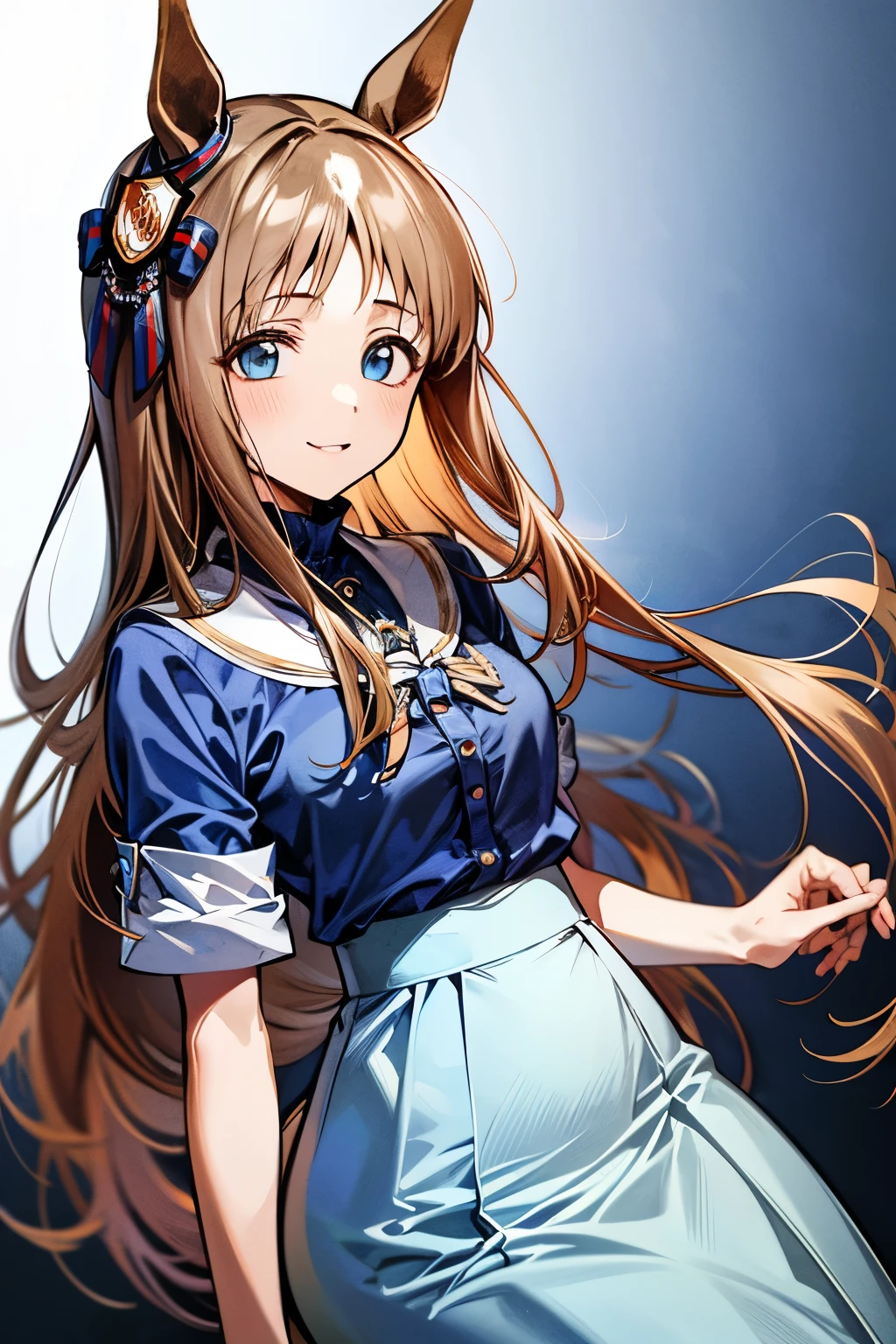 maravilha da grama \(umamusume\), 1 garota, Sozinho, melhor qualidade, mesa, 8K, Alta resolução, Ultra-detalhado, sorriso luminoso, (((Blusa branca, Saia azul pastel, Saia longa,)))