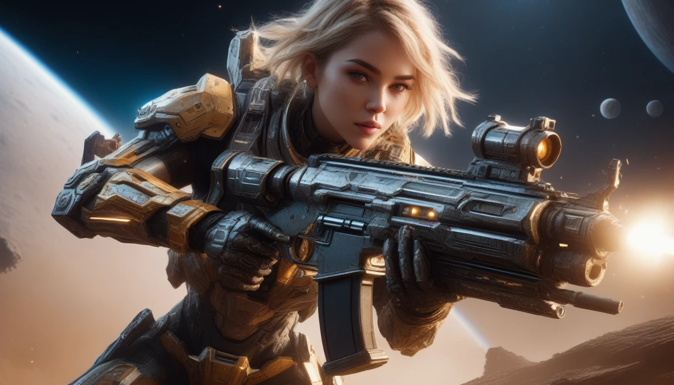 a female mech warrior in battle on a moon in space, full body shot, action shot, a tough and beautiful female mech warrior, short blond hair, dynamic eye color, intent gaze, ultra detailed face, best detailed face, she wears mech armor, and massive sci-fi gun, in battle, outer space background, stars, vibrant, Ultra-high resolution, High Contrast, (masterpiece:1.5), highest quality, Best aesthetics), best details, best quality, highres, (ultra wide angle: 1.2), 16k, ultra detailed, masterpiece, best quality, (extremely detailed),aetherpunkai, Mechanical Creatures, lasgun