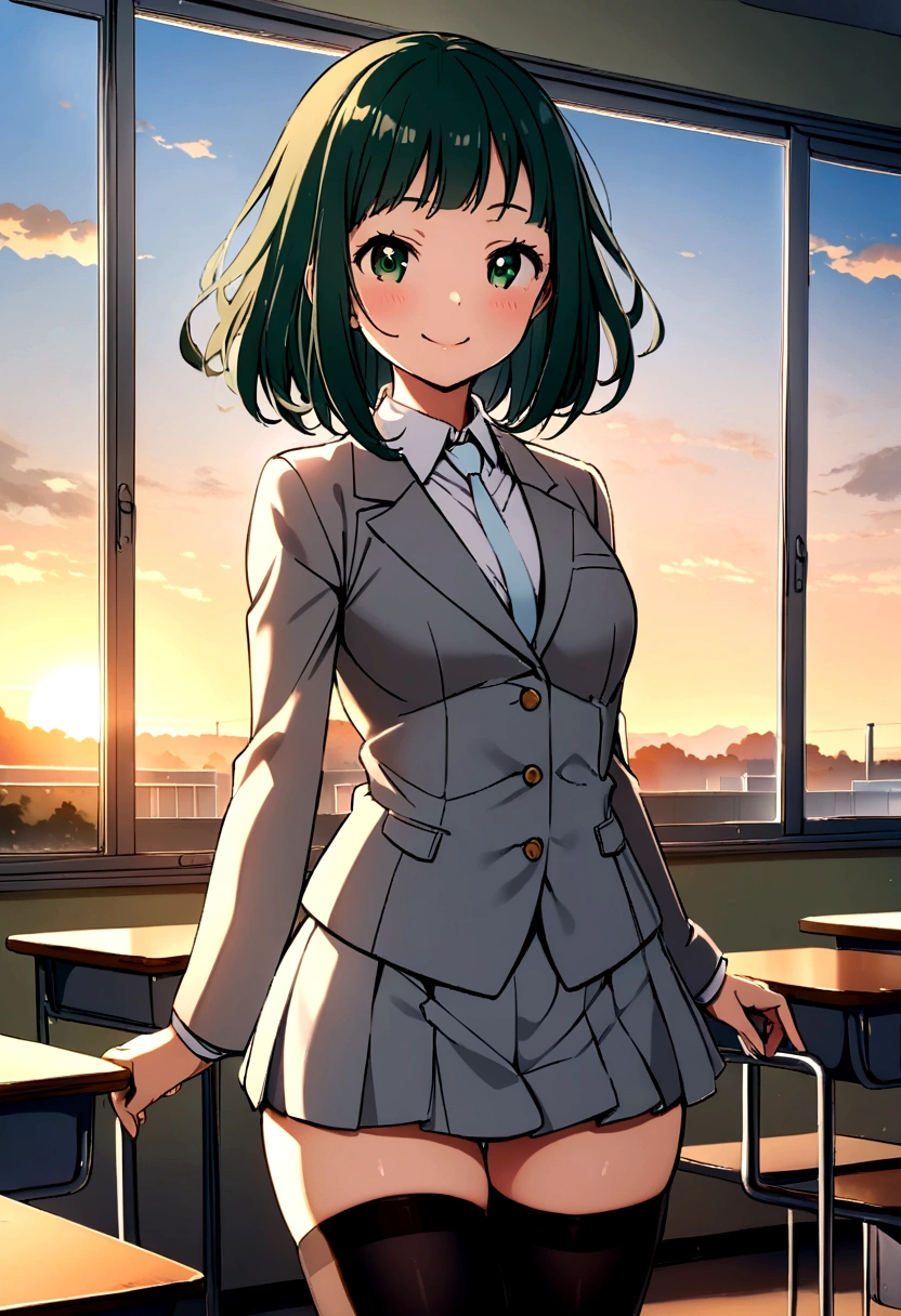 Kayama Nemuri, gray tailored suit, Short skirt, black stockings, medium glutes, medium legs, smiling, Classroom, sunrise