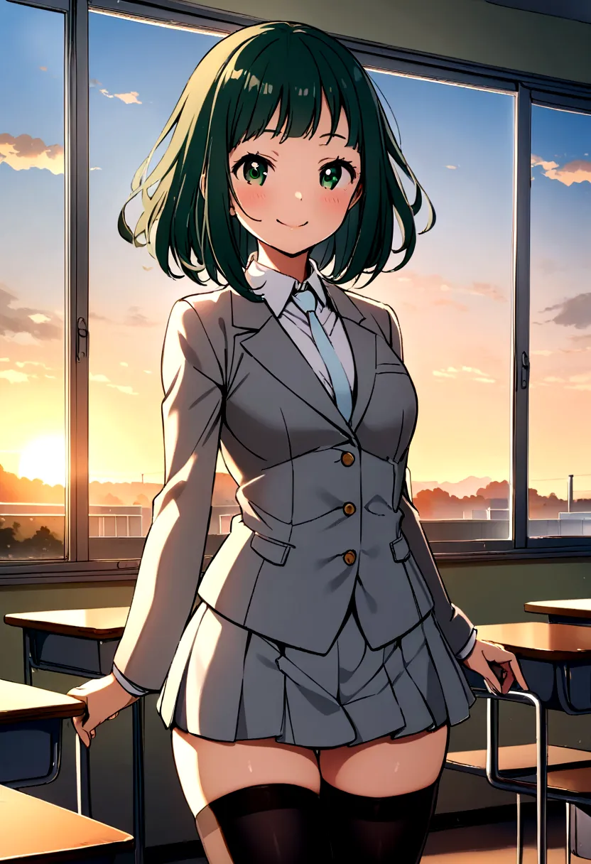 kayama nemuri, gray tailored suit, short skirt, black stockings, medium glutes, medium legs, smiling, classroom, sunrise