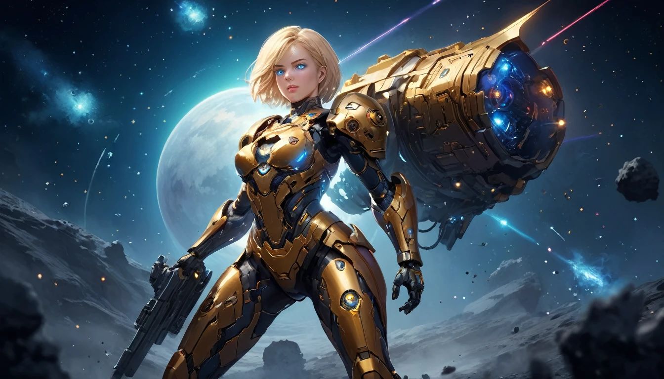 a human female mech warrior En batalla on a moon in space, tiro de cuerpo completo, secuencia de imágenes de algo ó alguien en movimiento, una guerrera mecánica dura y hermosa, Pelo rubio corto, color de ojos dinámico, mirada atenta, ultra detallado face, mejor cara detallada, ella usa armadura mech, y enorme arma de ciencia ficción, En batalla, fondo del espacio exterior, estrellas, vibrante, Resolución ultraalta, alto contraste, (obra maestra:1.5), de la máxima calidad, Mejor estetica), mejores detalles, mejor calidad, alta resolución, (Ultra gran angular: 1.2), 16k, ultra detallado, obra maestra, mejor calidad, (extremadamente detallado),AetherpunkAI, criaturas mecánicas, 