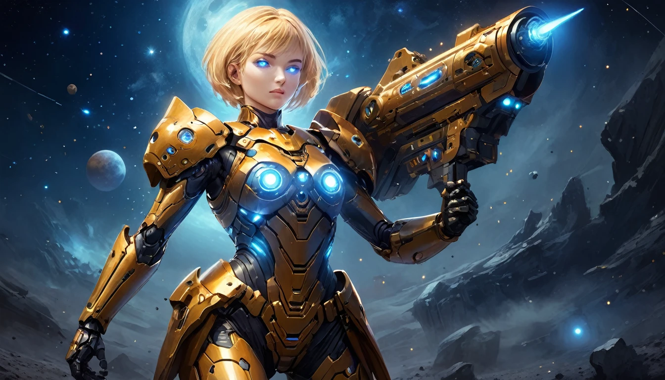 a human female mech warrior in battle on a moon in space, full body shot, action shot, a tough and beautiful female mech warrior, short blond hair, dynamic eye color, intent gaze, ultra detailed face, best detailed face, she wears mech armor, and massive sci-fi gun, in battle, outer space background, stars, vibrant, Ultra-high resolution, High Contrast, (masterpiece:1.5), highest quality, Best aesthetics), best details, best quality, highres, (ultra wide angle: 1.2), 16k, ultra detailed, masterpiece, best quality, (extremely detailed),aetherpunkai, Mechanical Creatures, 